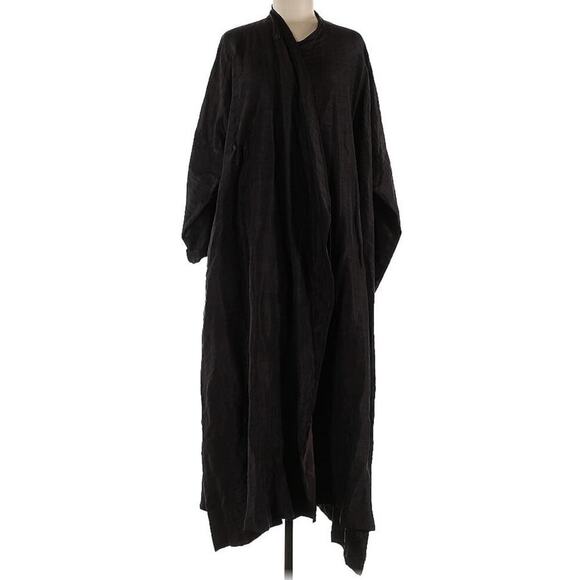 Eskandar Long Linen Silk Coat Jacket Duster Dress Black Kimono Button Lagenlook - Picture 1 of 10